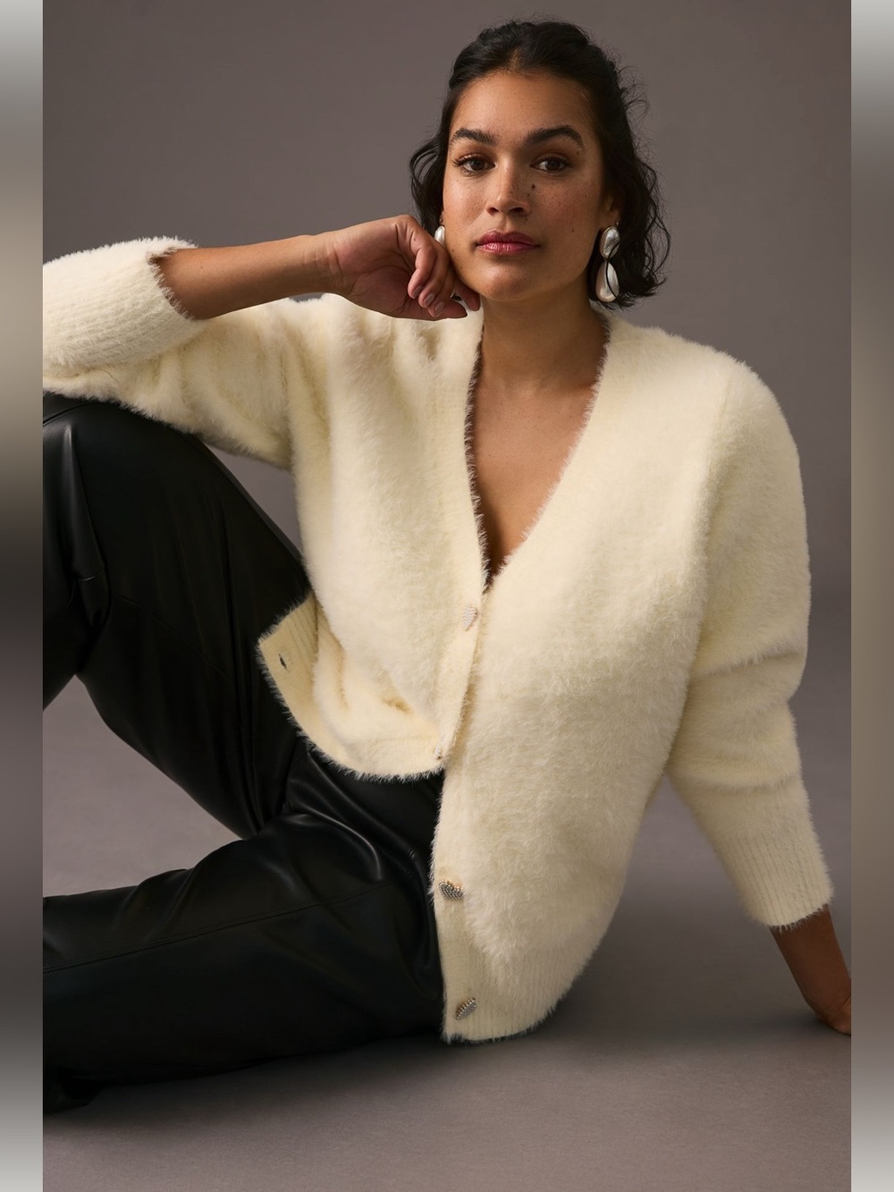 English Factory Cream Plush Feathered Heart Button V-Neck Cardigan Sweater 2X